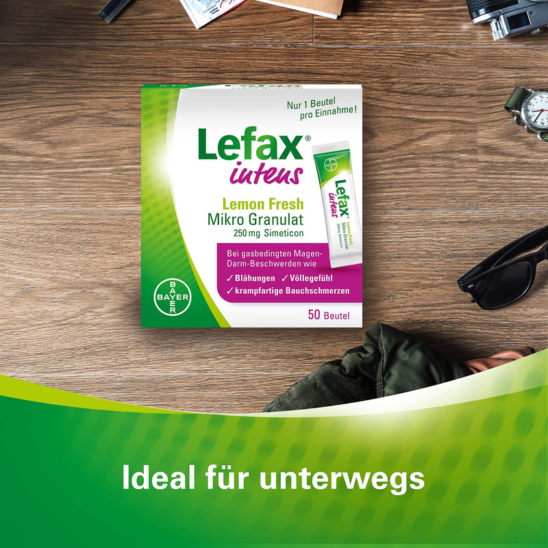 Lefax Intens Lemon Fresh micro granules for severe flatulence and other gas-related complaints such as pressure and fullness, cramp-like abdominal pain, ideal for on the go, 50 bags of 50 pieces (pack of 1) - NewNest Australia