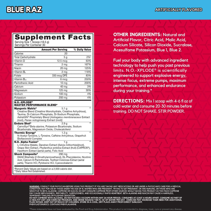 BSN N.O.-XPLODE Pre Workout Powder, Energy Supplement for Men and Women with Creatine and Beta-Alanine, Flavor: Blue Raz, 30 Servings 30 Servings (Pack of 1) - NewNest Australia