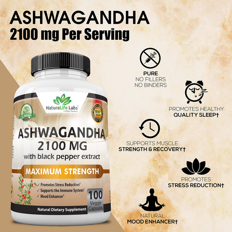 Organic Ashwagandha 2,100 mg - 100 Vegan Capsules Pure Organic Ashwagandha Powder and Root Extract - Stress Relief, Mood Enhancer, Immune & Thyroid Support - NewNest Australia