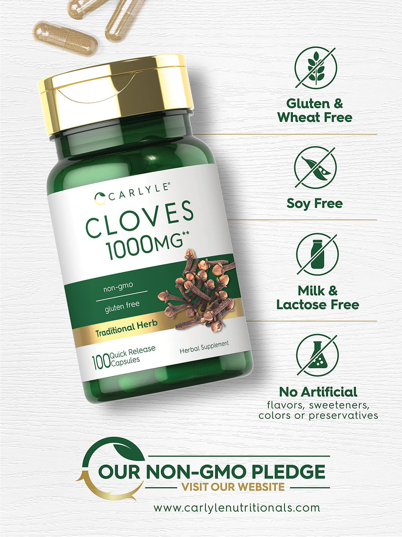 Cloves Supplement | 1000mg | 100 Capsules | Non-GMO, Gluten Free | by Carlyle - NewNest Australia