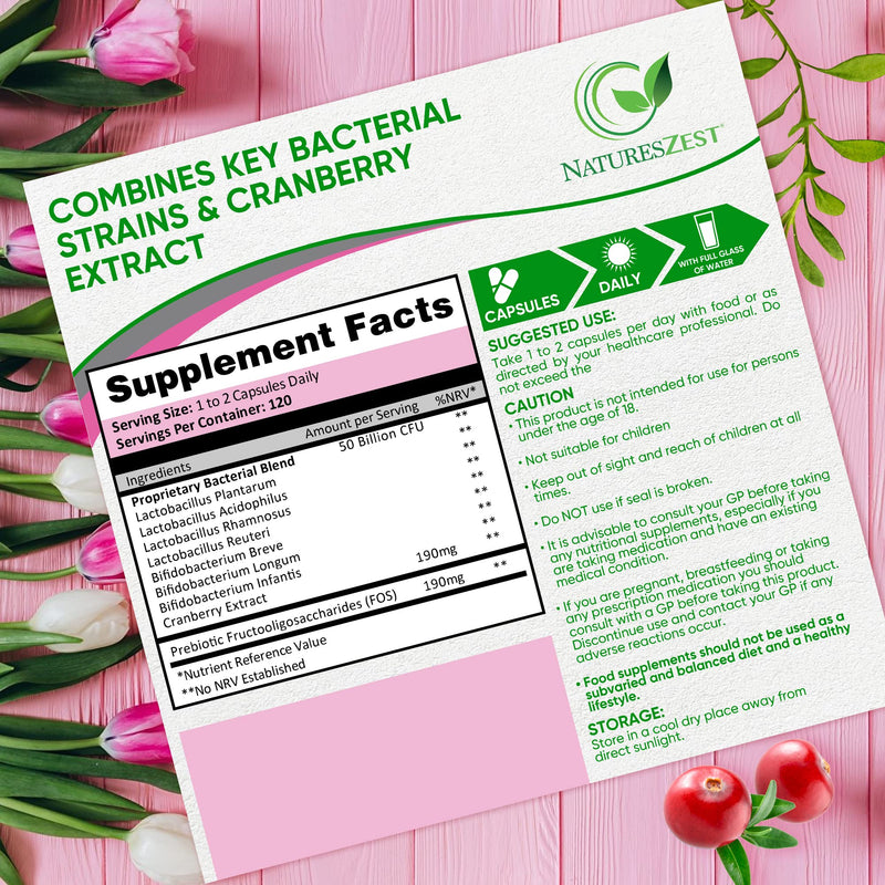 Natures Zest - Probiotics for Women - 50 Billion CFU with Prebiotics and Cranberry – 120 Vegan Capsules – Women’s Probiotic Supplement with Lactobacillus Reuteri and Acidophilus Probiotic - UK Made - NewNest Australia