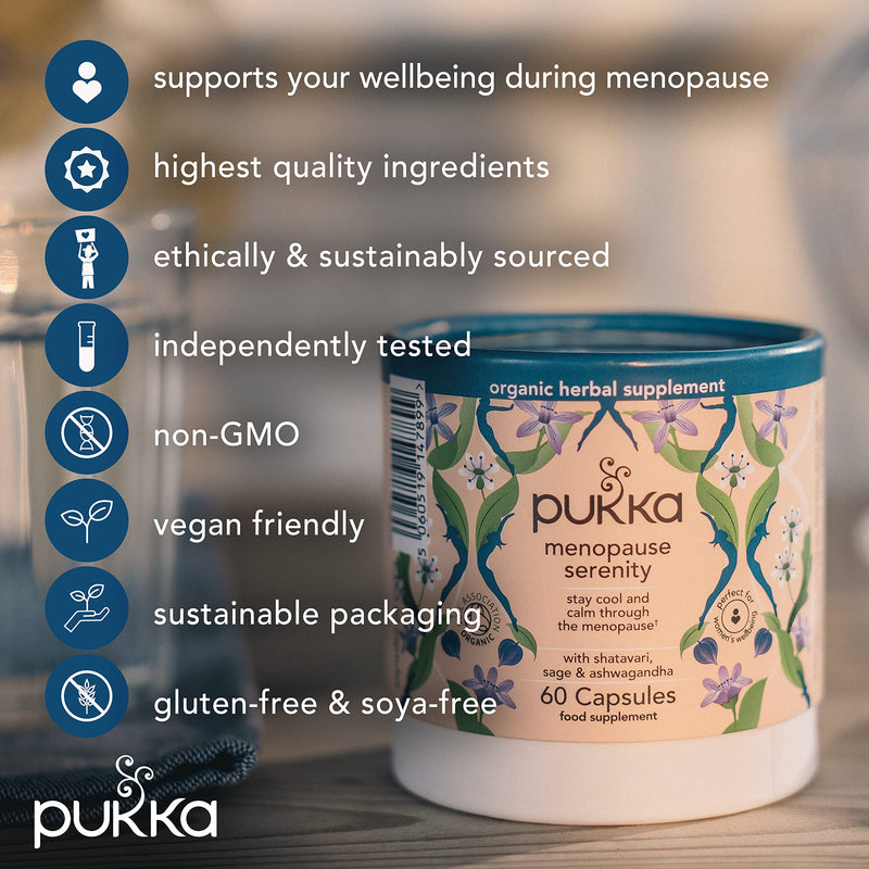 Pukka Herbs | Menopause Serenity Organic Herbal Supplement | Shatavari, Ashwagandha and Turmeric | Perfect for Women's Wellbeing During Menopause | Contains Iodine | 60 Capsules | 1 Month Supply - NewNest Australia