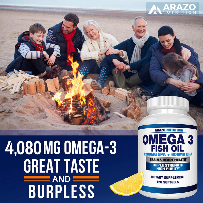 Omega 3 Fish Oil 4,080mg - High EPA 1200mg + DHA 900mg Triple Strength Burpless Softgels - Arazo Nutrition (120 Soft Gels) 120 Count (Pack of 1) - NewNest Australia