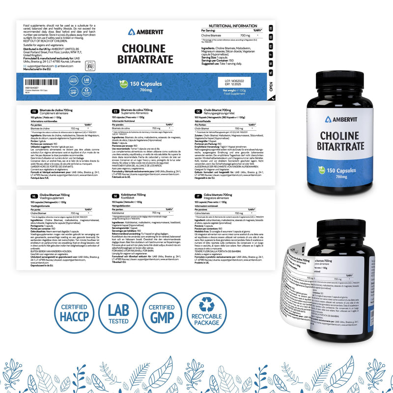 Choline high dose 700mg - 150 capsules - for 5 months supply | Liver function, lipid metabolism, memory and brain function | Vegan, Gluten Free | Ambervit - NewNest Australia