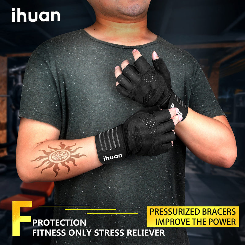 ihuan Ventilated Weight Lifting Gym Workout Gloves with Wrist Wrap Support for Men & Women, Full Palm Protection, for Weightlifting, Training, Fitness, Hanging, Pull ups Black Large - NewNest Australia