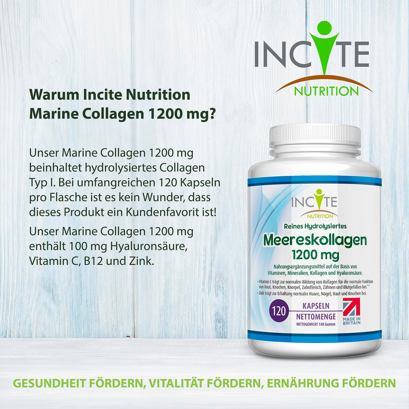 Incite Nutrition Marine Collagen, Pure High Quality Hydrolyzed Type 1 Marine Collagen with Vitamins C, E, B12, Copper, Zinc and Iodine, for Men and Women, 1200 mg, 120 Count (Pack of 1) - NewNest Australia