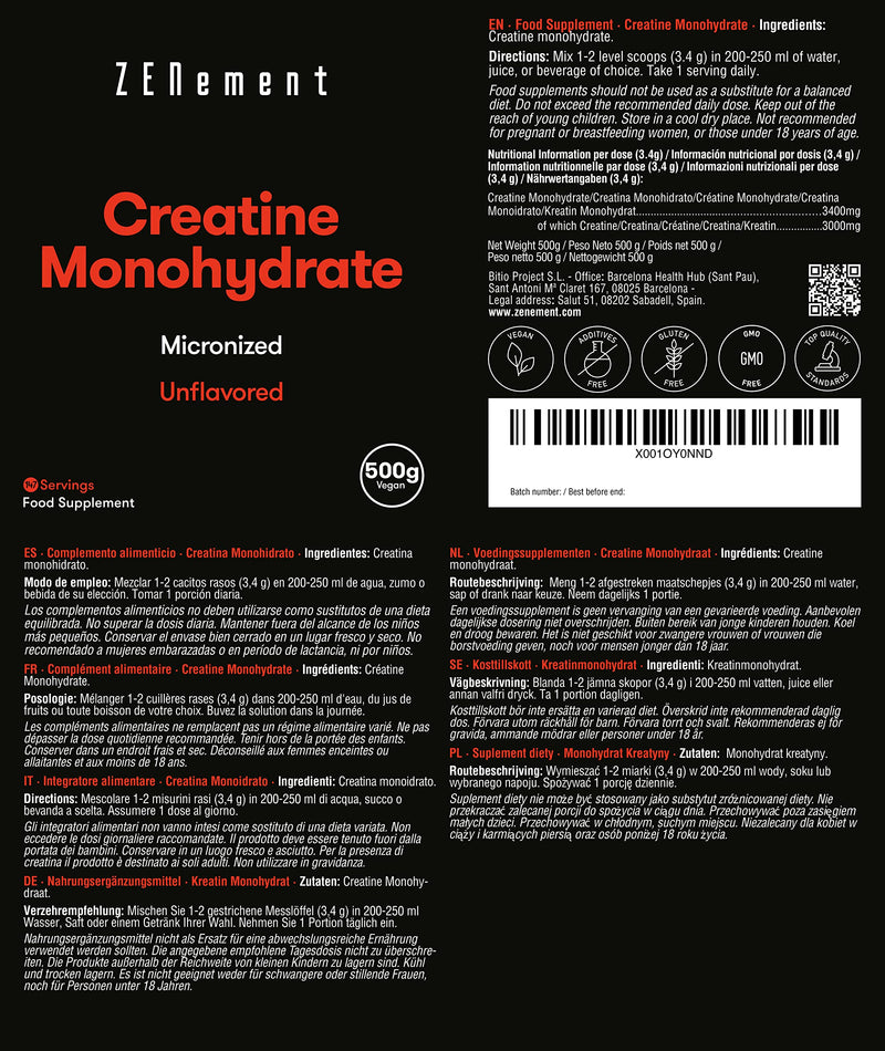 Creatine Monohydrate Powder 500 G, Creatine Monohydrate In Micronized Quality With Optimal High Dose | Pure, 100% Vegan, No Additives | For 147 Applications Zenement - NewNest Australia