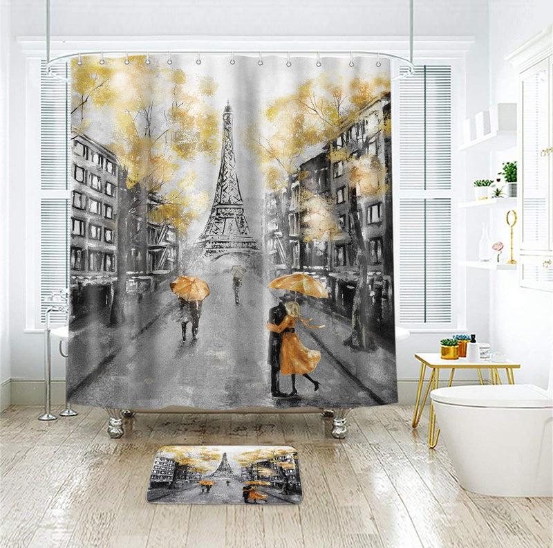 Riyidecor Paris Shower Curtain Black Yellow Eiffel Tower Oil Painting Couple European City Landscape France Modern Fabric Waterproof Bathroom Home Decor 72x72 Inch 12 Plastic Shower Hooks 72Wx72H - NewNest Australia