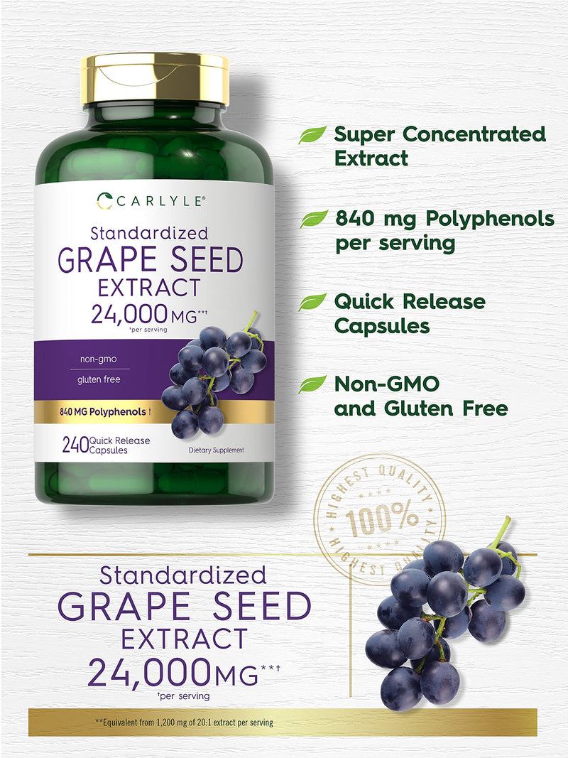 Carlyle Grape Seed Extract 24,000 mg Equivalent 240 Capsules – Maximum Strength Standardized Extract | Non-GMO, Gluten Free - NewNest Australia