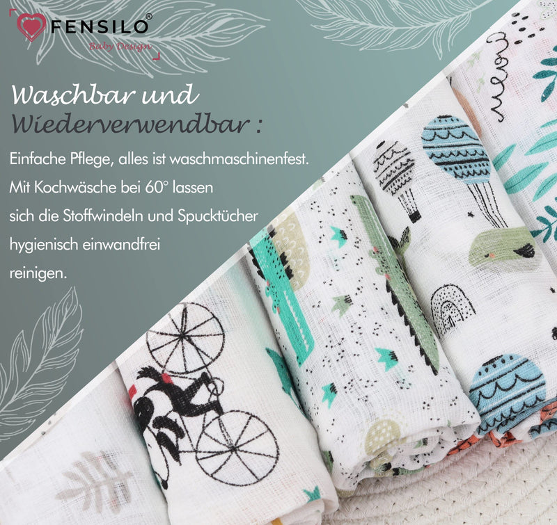 Fensilo Baby Burp Cloths - Muslin Cloths - Cloth Diapers - Pack Of 5 70 X 80 Cm Made In Eu, Tested For Harmful Substances - Burp Cloths Baby Boy Girl Cloth With Cat - Crocodile - White - F5/4 80 X 70 Cm (Pack Of 5) - NewNest Australia