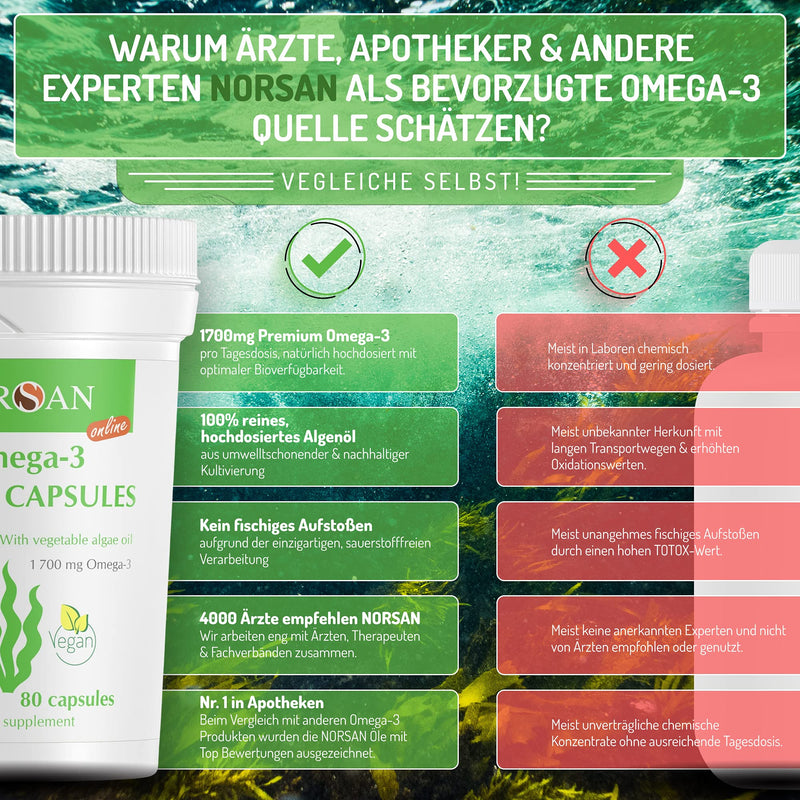 NORSAN Premium Omega 3 Vegan Capsules Pack of 2 (2x 80 pieces) / 1,700 mg Omega 3 per daily dose/vegan algae oil capsules with 420 mg EPA & 840 mg DHA/Omega 3 algae oil from sustainable cultivation 80 pieces (pack of 2) - NewNest Australia