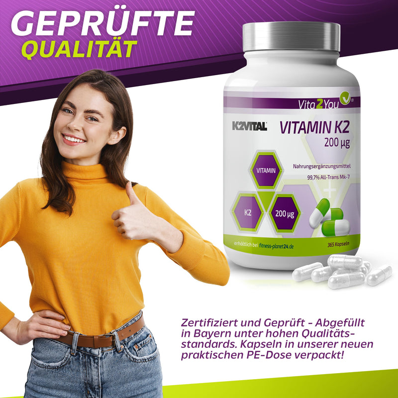 Vita2You Vitamin K2-200µg - 365 capsules - Original K2VITAL® - > 99.7% All-Trans - Annual pack - Natural Menaquinone MK-7 - Premium quality - Made in Germany - NewNest Australia