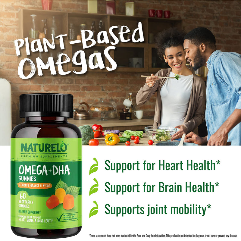 NATURELO Vegan DHA and Omega 3 Supplement from Algae and Chia Seed Oil for Heart, Brain and Joint Health - No Fish, Gelatin, or Artificial Sweeteners - 60 Gummies - NewNest Australia