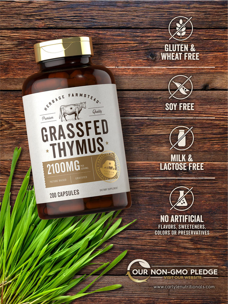 Grass Fed Beef Thymus 2100mg | 200 Capsules | Desiccated Pasture Raised Bovine Supplement | Non-GMO, Gluten Free | by Herbage Farmstead - NewNest Australia