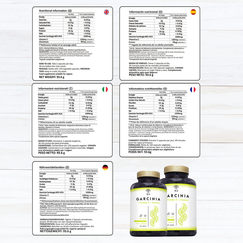 Garcinia Cambogia High-Dose Capsules, Vitamin C, Chromium. Appetite Suppressant, Fat Burner, Weight Loss, Hca 60%. 120 Herbal Capsules. Vegan Certified. N2 Natural Nutrition - NewNest Australia