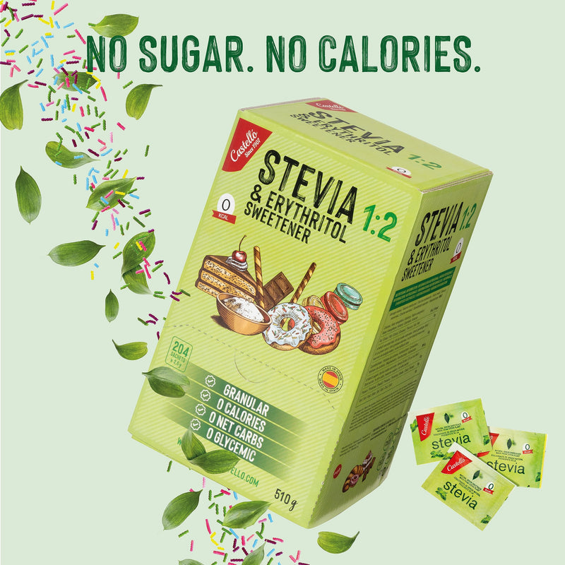 Stevia + Erythritol 1:2 Sweetener | 204 Bags Of 2.5G | 100% Natural Sugar Substitute - 0 Calories - 0 Glycemic Index - Keto And Paleo - 0 Carbohydrates - No Gmo - Castello Since 1907-510 G - NewNest Australia