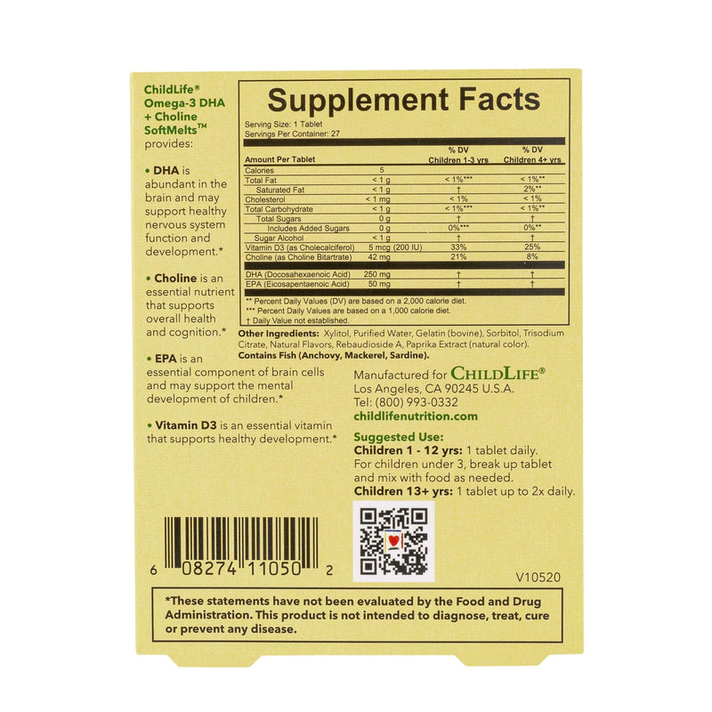 ChildLife Essentials Omega-3 DHA + Choline SoftMelts - All-Natural Support for Optimal Brain & Nervous System Development & Function in Children & Teens, Sugar-Free - Passion Fruit Flavor, 27 Tablets - NewNest Australia