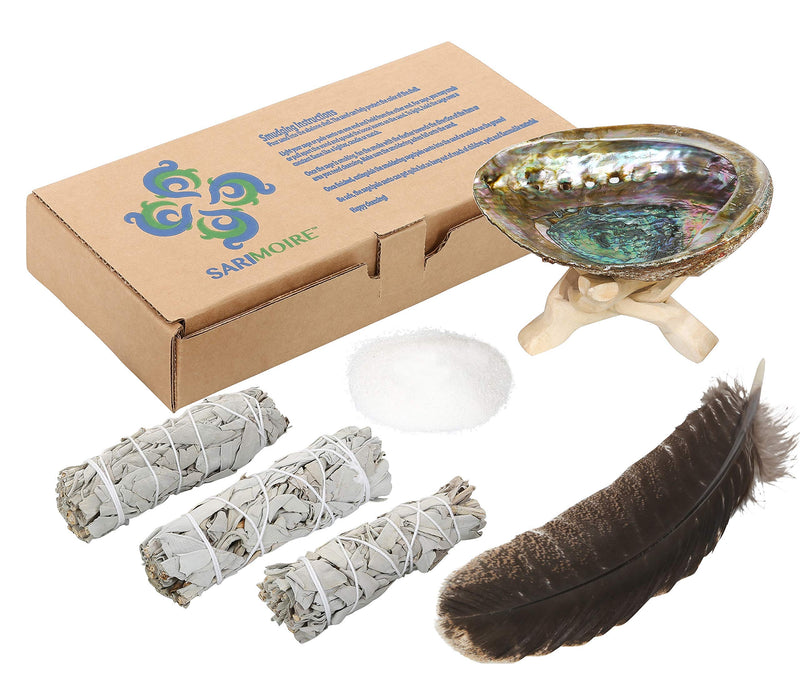 NewNest Australia - Sage Smudge Kit - White Sage Smudge Sticks - 4in ~ Abalone Shell 5-6in ~ 2in Tripod Stand ~ 9-12in Feather and White Sand 