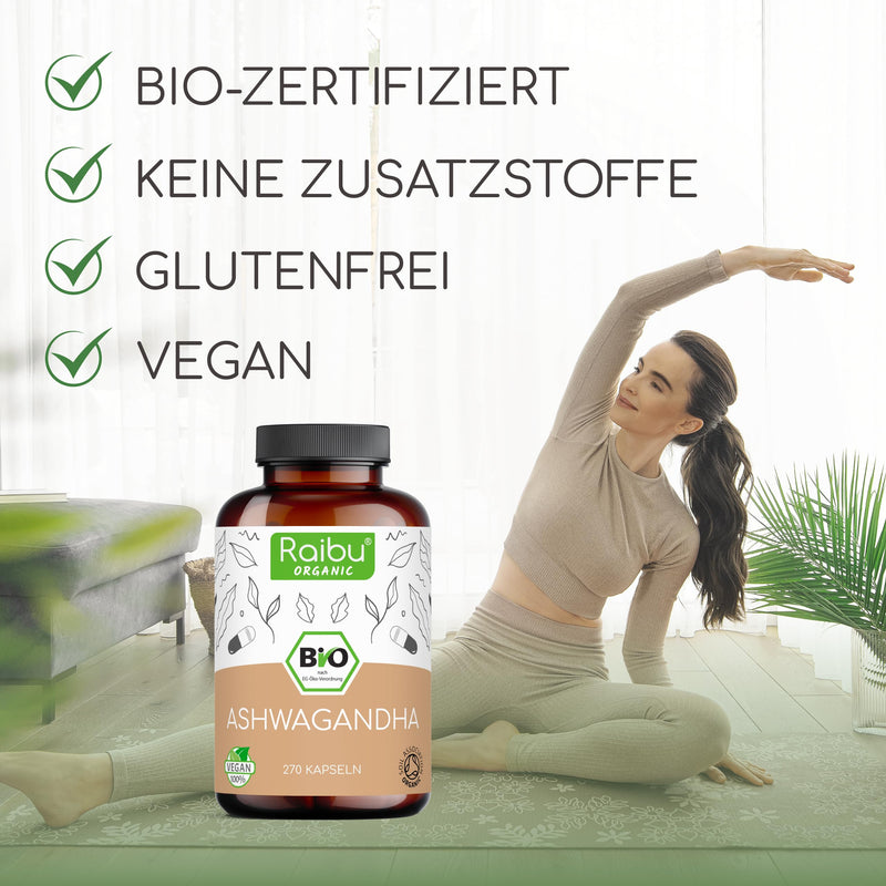 Raibu Ashwagandha capsules organic (270 capsules with 2400 mg per daily dose) high dose I Ashwaganda root powder in the best organic quality without additives from German production 270 - NewNest Australia