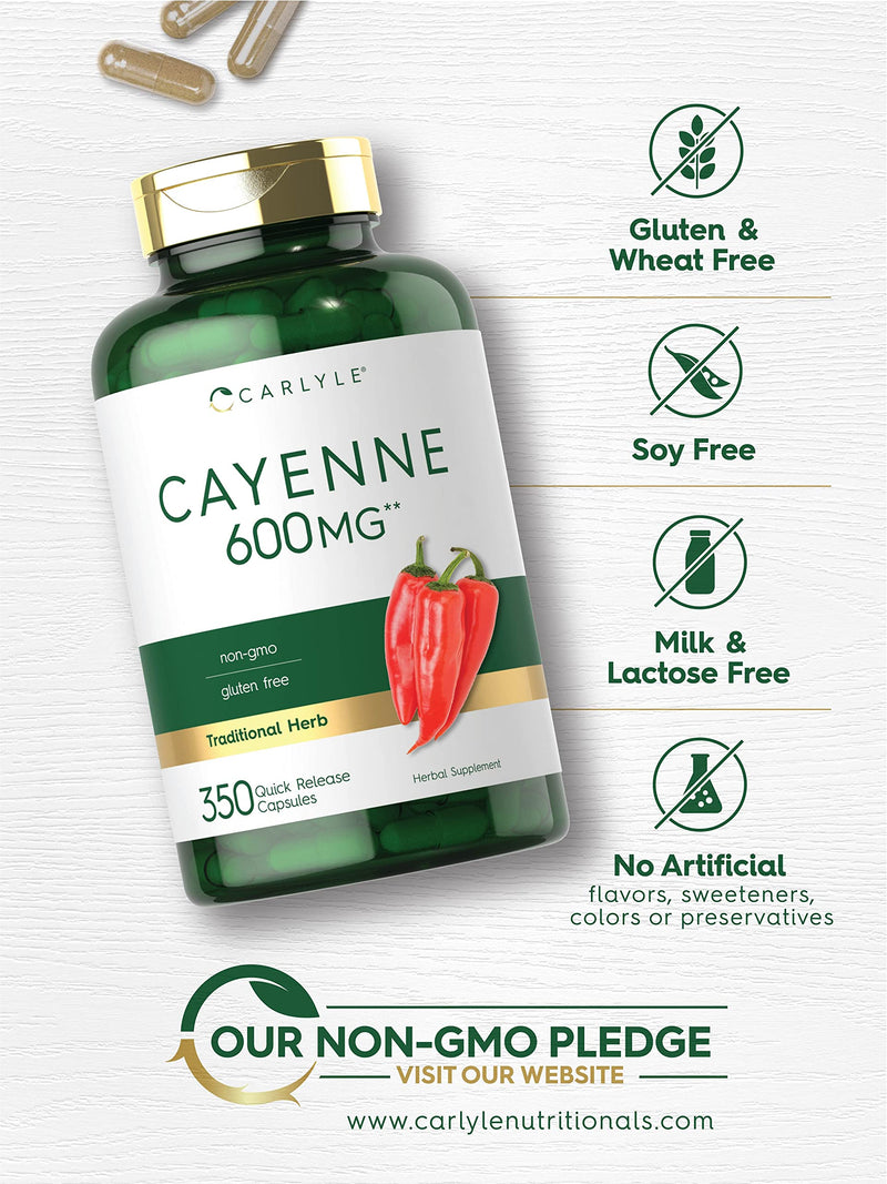 Cayenne Pepper Capsules 600mg | 350 Pills | Non-GMO, Gluten Free Supplement | by Carlyle - NewNest Australia