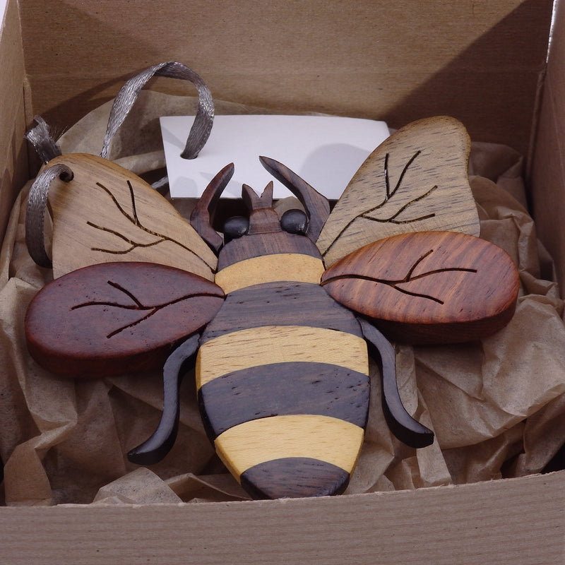 NewNest Australia - The Handcrafted Handmade Double Side Intarsia Wood Bee Ornament - Gift Boxed 