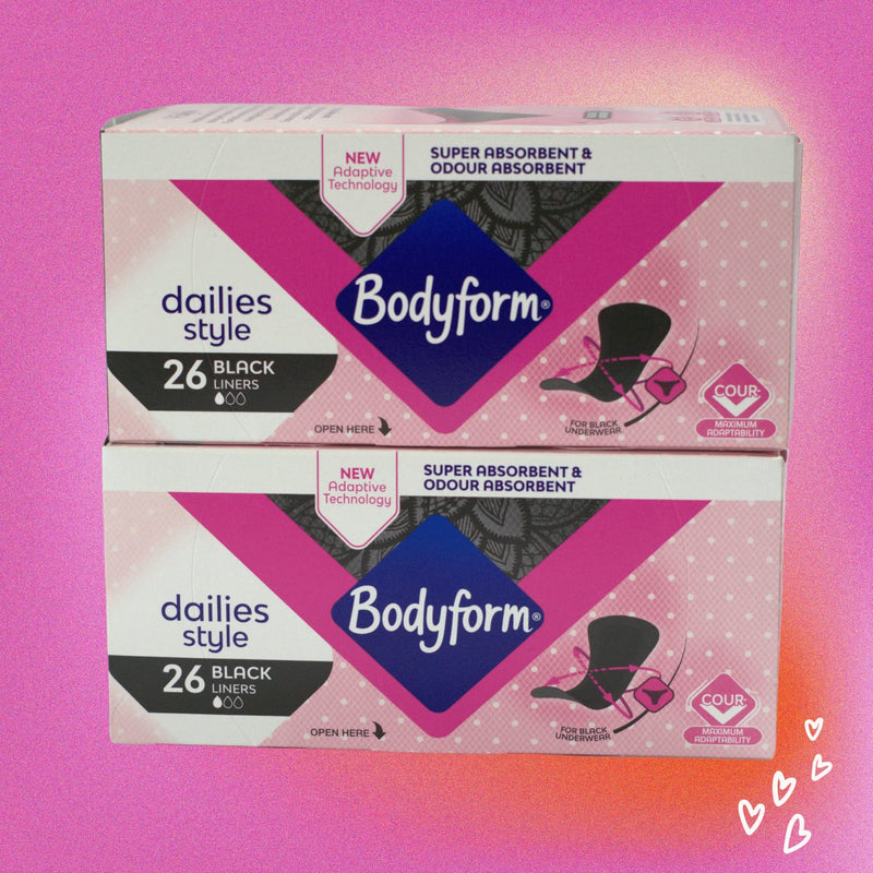 Bodyform Dailies Black Panty Liners for Women (x26) | Pack of 2 (52 Liners) | Specifically Designed for Black Underwear | Super Absorbent & Odour Absorbent | Enhanced with V-Zone Protection - NewNest Australia