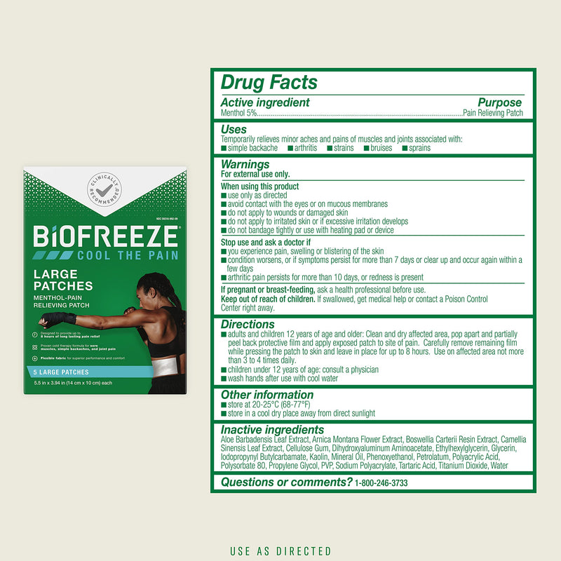 Biofreeze Menthol Pain Relieving Patches (5 Patches Per Box) Up To 8 Hours Of Pain Relief From Sore Muscles, Arthritis, Backaches, Spains, Bruises, Strains And Joint Pain (Package May Vary) - NewNest Australia