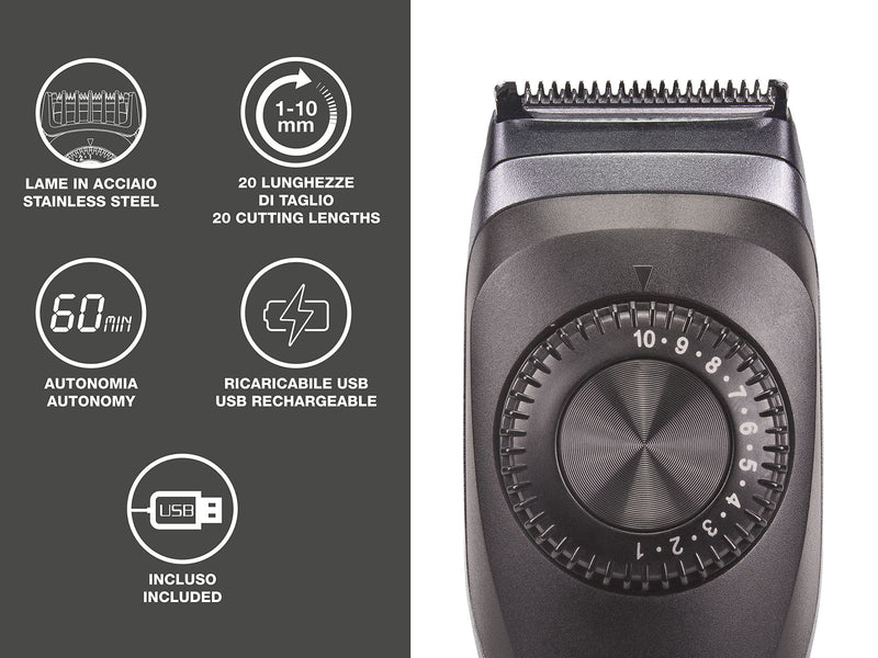 Beper 40.332 Rechargeable Beard Trimmer, Also Suitable For Hair, Stainless Steel Blades, 20 Lengths, Rotating Ring From 1 Mm To 10 Mm, Removable Blades, Charging With Usb Cable, Beard Trimmer Black - NewNest Australia