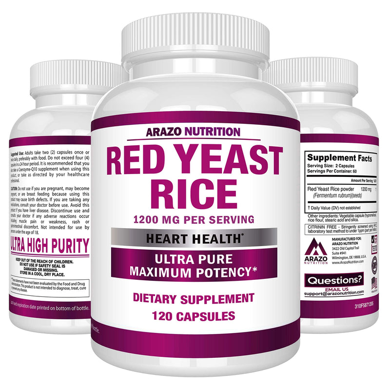 Red Yeast Rice Extract 1200mg – Citrinin Free Supplement – Vegetarian 120 Capsules - Arazo Nutrition - NewNest Australia