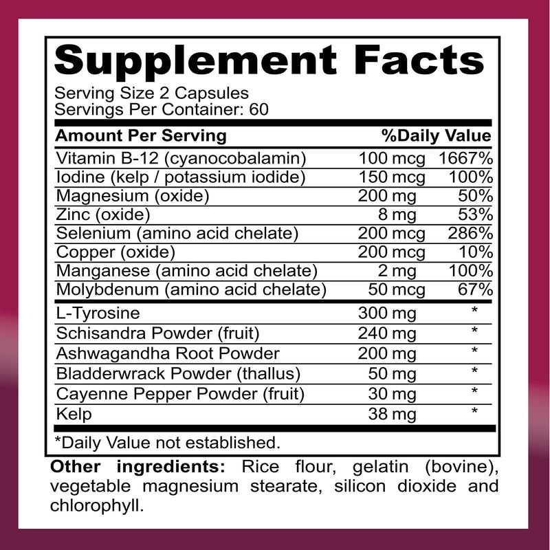 Thyroid Support Supplement with Iodine |120 Capsules to Help Body Mass & Improve Energy, Cardiovascular, Energy & Focus Formula | 14 Natural Vitamins - NewNest Australia