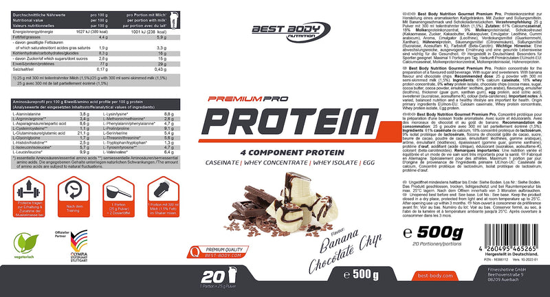 Best Body Nutrition Gourmet Premium Pro Protein, Banana Chocolate Chip, 4 Component Protein Shake: Caseinate, Whey Concentrate, Whey Isolate, Egg Protein, 500 G Tin - NewNest Australia