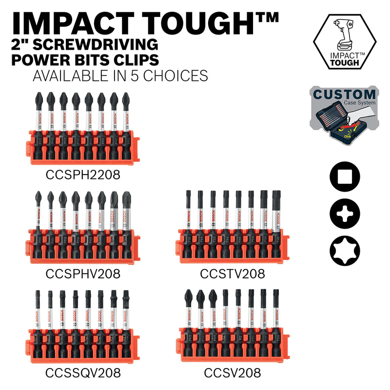 Bosch CCSPH2208 8Piece Impact Tough Phillips P2 2 In. Power Bits with Clip for Custom Case System - NewNest Australia