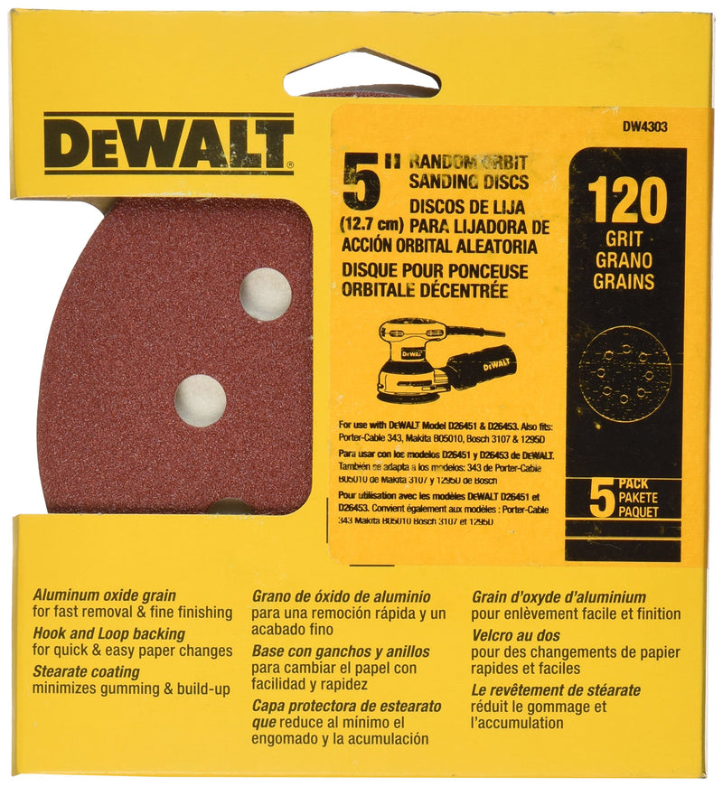 DEWALT DW4303 5-Inch 8-Hole 120-Grit Hook-and-Loop Random Orbit Sandpaper (5-Pack) - NewNest Australia