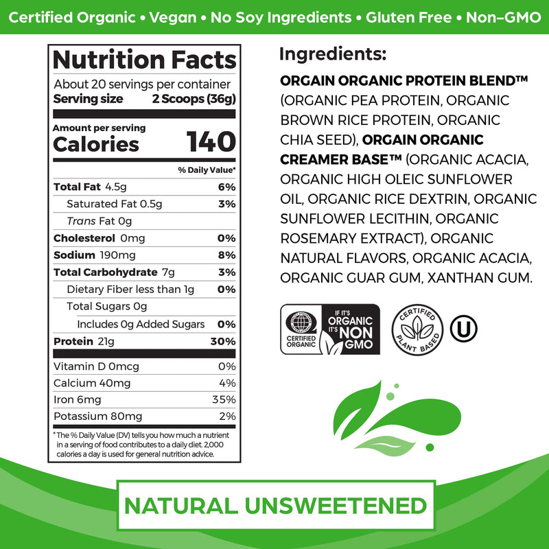 Orgain Organic Unflavored Plant Based Protein Powder, Natural Unsweetened - 21g of Protein, Vegan, Non Dairy, Gluten Free, No Sugar Added, Soy Free, Non-GMO, 1.59 lb (Packaging May Vary) - NewNest Australia