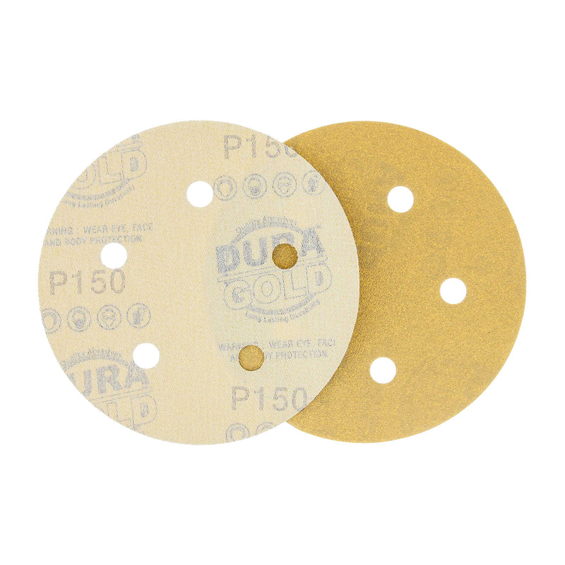 Dura-Gold Premium 5" Gold Sanding Discs - 150 Grit (Box of 50) - 5 Hole Pattern Dustless Hook & Loop Backing Sandpaper for DA Sanders, Aluminum Oxide Abrasive - Sand Automotive Paint, Woodworking Wood 150-Grit - NewNest Australia