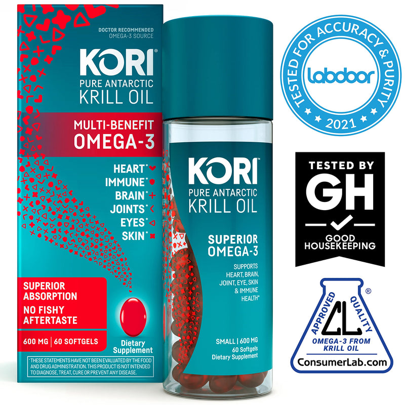 Kori Krill Oil Omega-3 600mg, 60 Softgels | Multi-Benefit Omega-3 Supplement | Superior Omega-3 Absorption vs Fish Oil and No Fishy Burps (Pack of 3) Small 600MG (3 Pack - 180 Count Total) - NewNest Australia