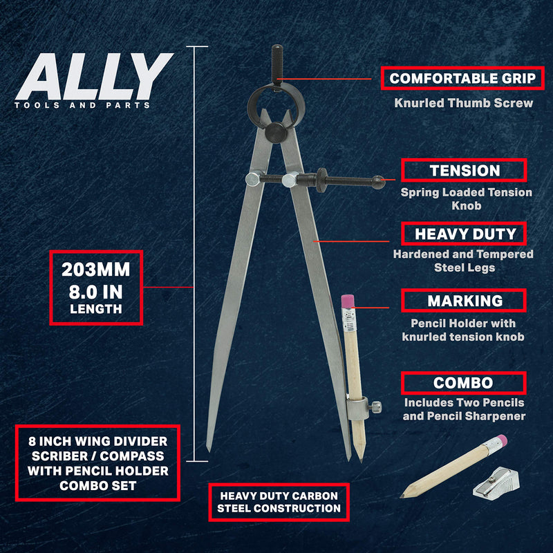 ALLY Tools 8 Inch Precision Spring Divider Scribe Tool/Woodworking Compass with Pencil Holder INCLUDES Two Pencils and Pencil Sharpener Ideal for Drawing Circles, Geometry, Wood, Metal, and Leather - NewNest Australia