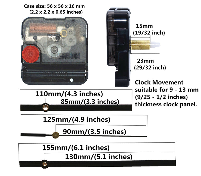 NewNest Australia - 12888 Quartz DIY Wall Clock Movement Mechanism Repair Parts Replacement Kit Sweep Silent Movement,13mm (1/2 Inch) Maximum Dial Thickness, 23mm (29/32 Inch) Total Shaft Length.(Black Hand) 29/32"thread length Black Hands 