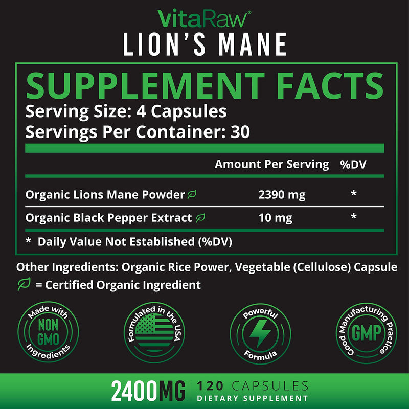 Organic Lions Mane Mushroom Capsules - (2400mg - Powerful Nootropic) Brain Booster Memory & Energy Pills | Nootropics Brain Support Supplement for Focus & Clarity | Pure Lion's Mane Mushroom Extract - NewNest Australia