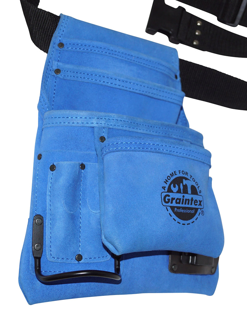 Graintex SS2138 10 Pocket Nail & Tool Pouch Blue Color Suede Leather with 2” Webbing Belt for Constructors, Electricians, Plumbers, Handymen - NewNest Australia