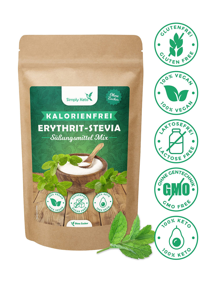 Simply Keto Erythritol Stevia Mix 1kg - Natural sugar substitute without calories - Stevia Erythritol mixture with 100% sweetness like sugar - Vegan - Suitable for Lower Carb* & Ketogenic Diet 1kg (pack of 1) - NewNest Australia