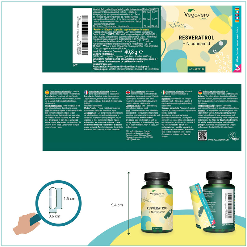 RESVERATROL Vegavero® | 500 mg Trans-Resveratrol | Plus Nicotinamide | 98% pure trans-resveratrol from Japanese knotweed | Without additives | 60 capsules | Vegan - NewNest Australia