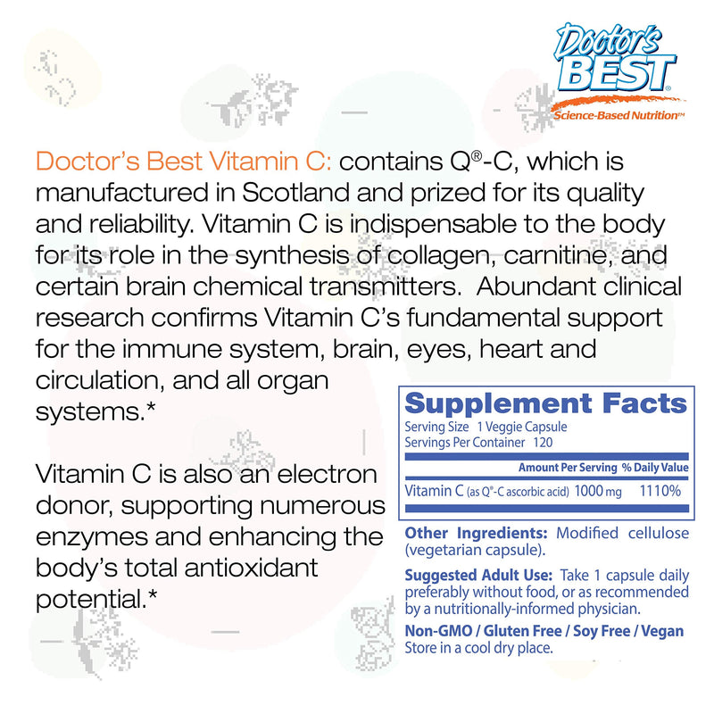 Doctor's Best Vitamin C with QualiC 1000 mg NonGMO Vegan Gluten Free Soy Free Sourced from Scotland Veggie Caps, 120 Count - NewNest Australia