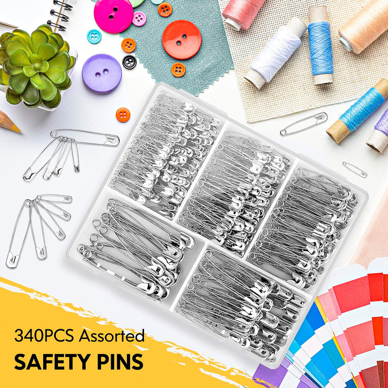 Safety Pins Assorted, 340 PCS Nickel Plated Steel Large Safety Pins Heavy Duty, 5 Different Sizes Safety Pin, Safety Pins Bulk (Silver) Silver - NewNest Australia