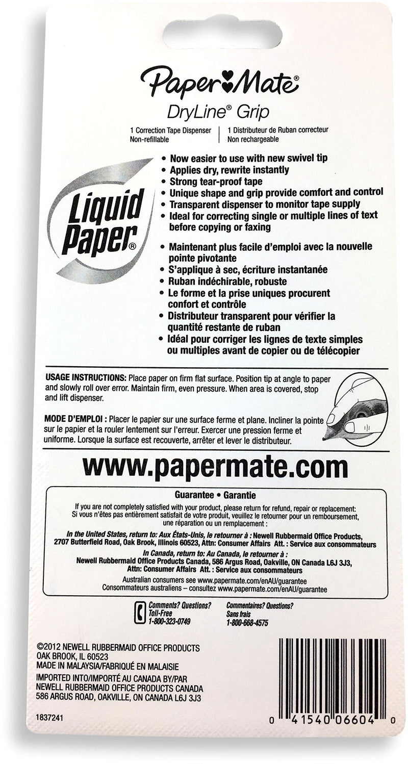 Paper Mate 660415 Liquid Paper DryLine Grip Correction Tape Dispenser, Pack of 4; Transparent Green Body; 1/5 inches Wide x 27.8 feet Long White Tape; Applies Dry, Rewrite Instantly; Swivel Tip - NewNest Australia