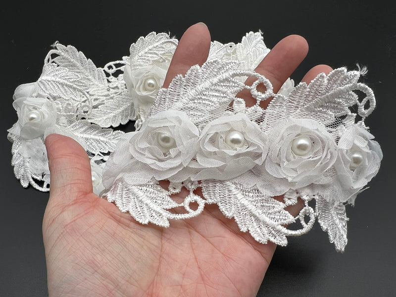 PEPPERLONELY 1 Yard White 3D Pearl Chiffon Flower Embroidered Lace Edge Trim Ribbon, Flower Width 7.5cm - NewNest Australia