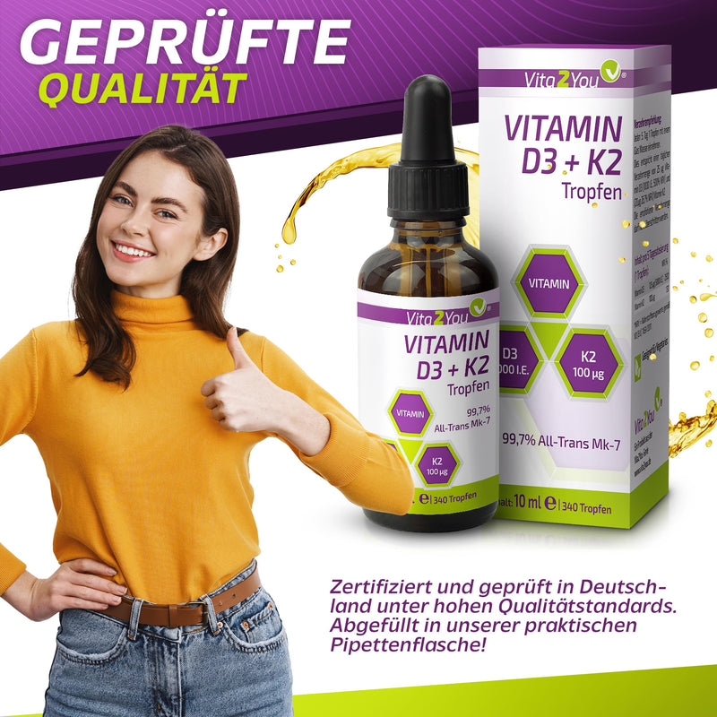 Vita2You Vitamin D3 + K2 drops - Vitamin D3 5000 IU - Vitamin K2 100µg per drop - K2VITAL - MK-7 - 99.7% All-Trans - MCT oil - Premium quality - Made in Germany - NewNest Australia