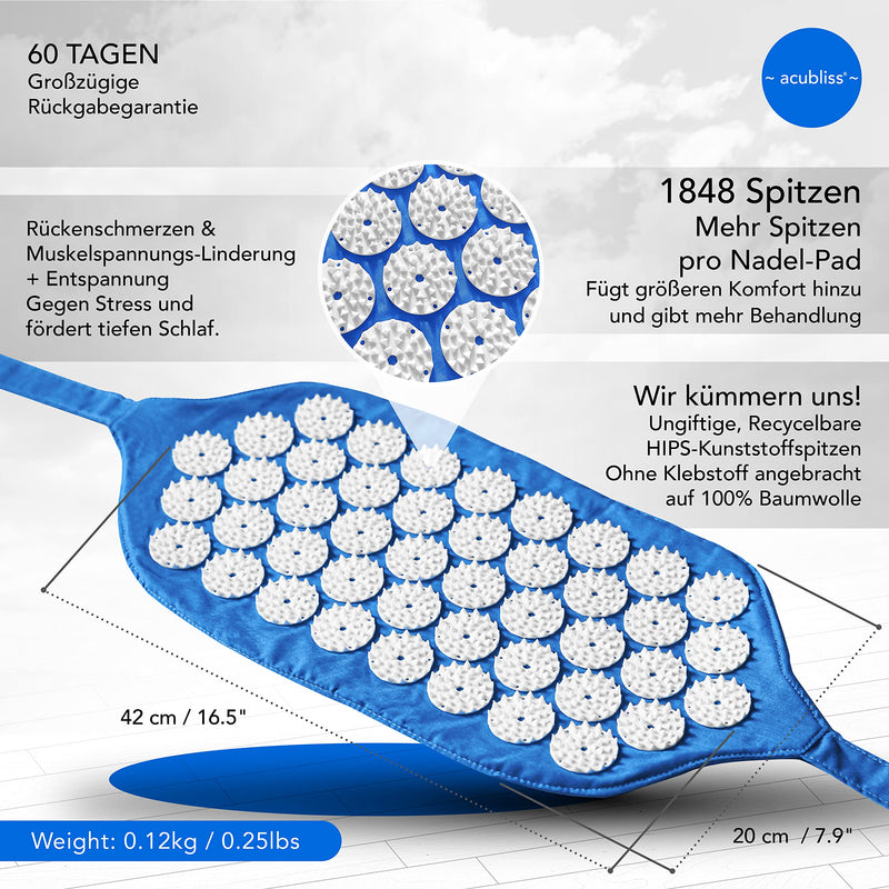 Acubliss Strap Acupressure Mat - 1,848 Nails - Belt Acupressure Mat For On The Go Against Neck Pain And Back Pain For Targeted Use - With Bag - 42 X 20 Cm - Blue - NewNest Australia