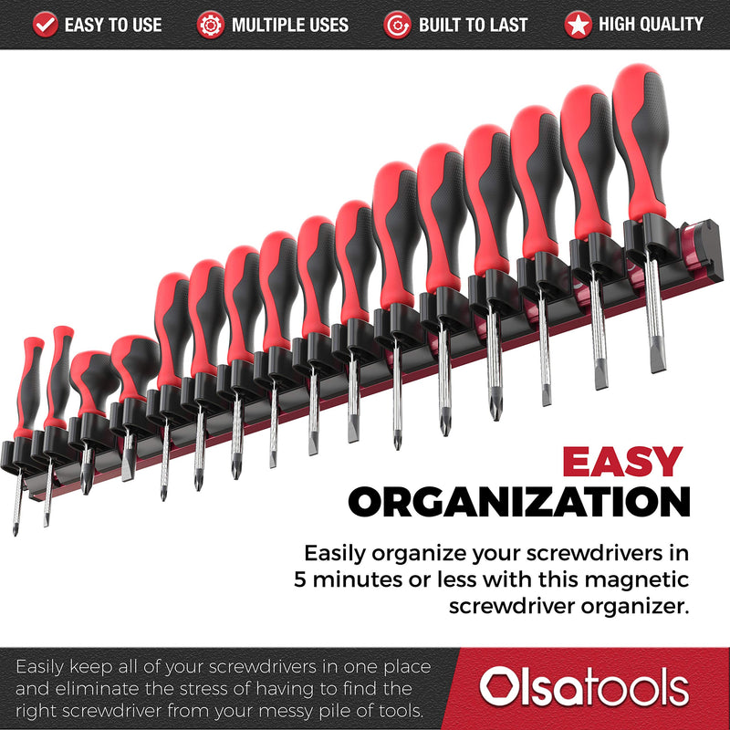 Magnetic Screwdriver Organizer | Premium Quality Tool Holder | Fits up to 16 Screwdrivers | Red | by Olsa Tools RED ORGANIZER / BLACK CLIPS - NewNest Australia