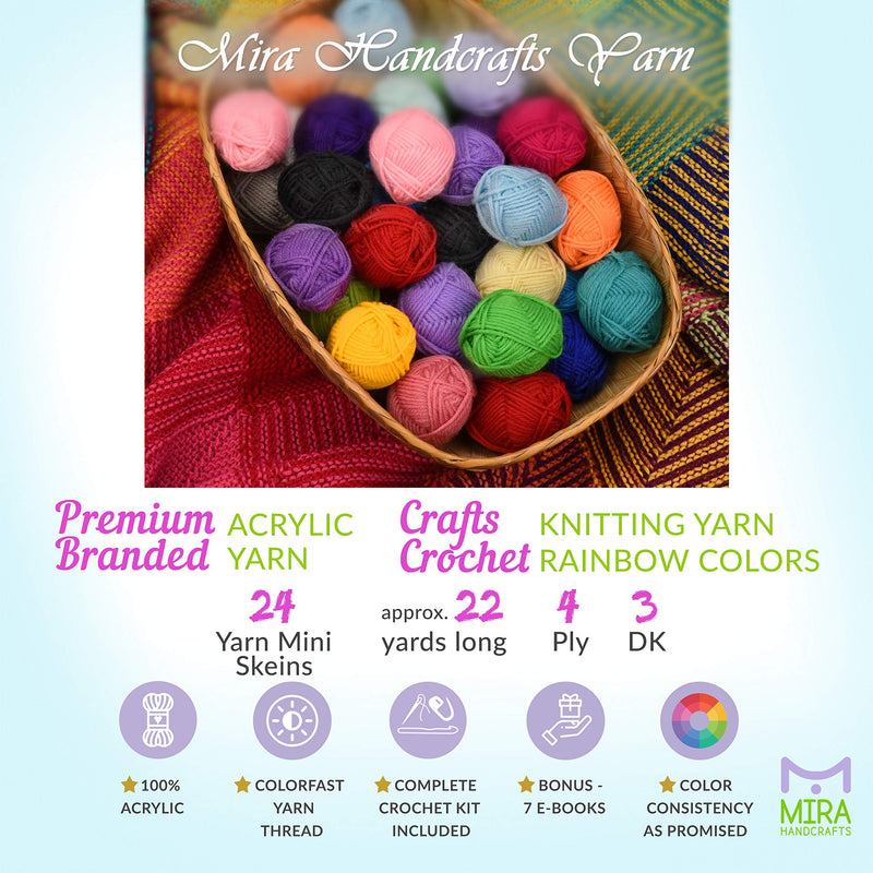 24 Acrylic Yarn Skeins | Total of 525 Yards Craft Yarn for Knitting and Crochet | Includes 2 Crochet Hooks, 2 Weaving Needles, 7 E-Books | DK Yarn | Perfect Beginner Kit | by Mira Handcrafts - NewNest Australia